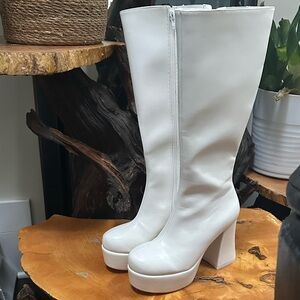 Dolls Kill White Platform Knee-High Heeled Boots